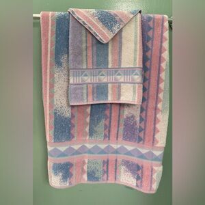 Vtg Fieldcrest Cannon 3pc Towel Set Bath Hand Washcloth 80s Geometric Pastel